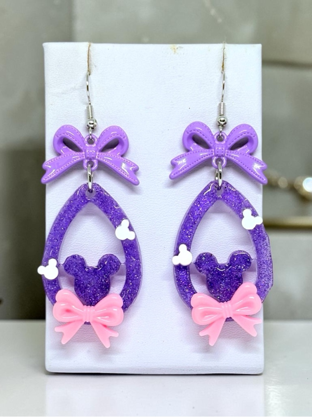 Purple Glitter Bow Minnie-Style Resins Dangle Earrings - Unbranded